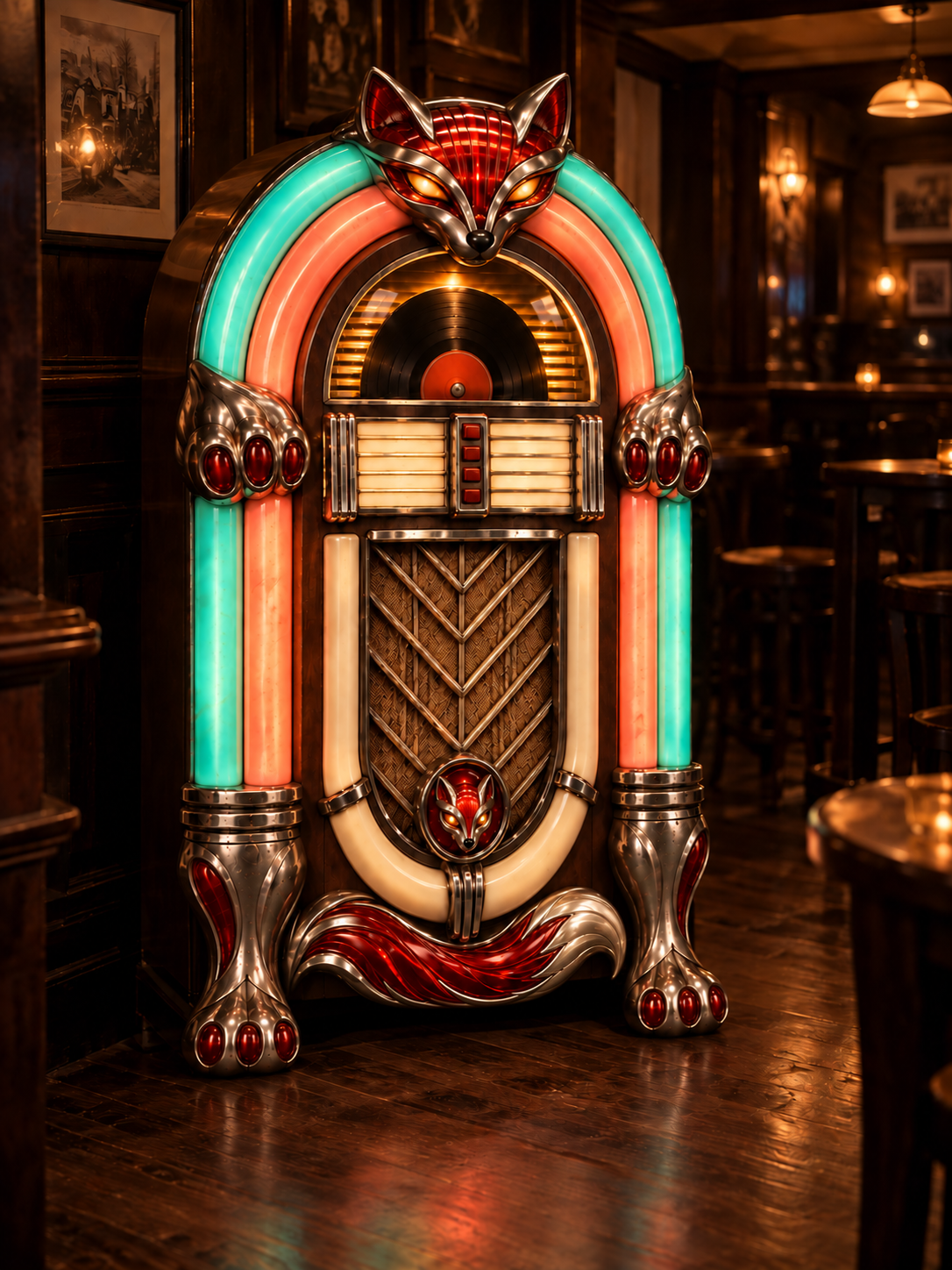 Klassisk jukebox med varmt ljus och turkosa detaljer