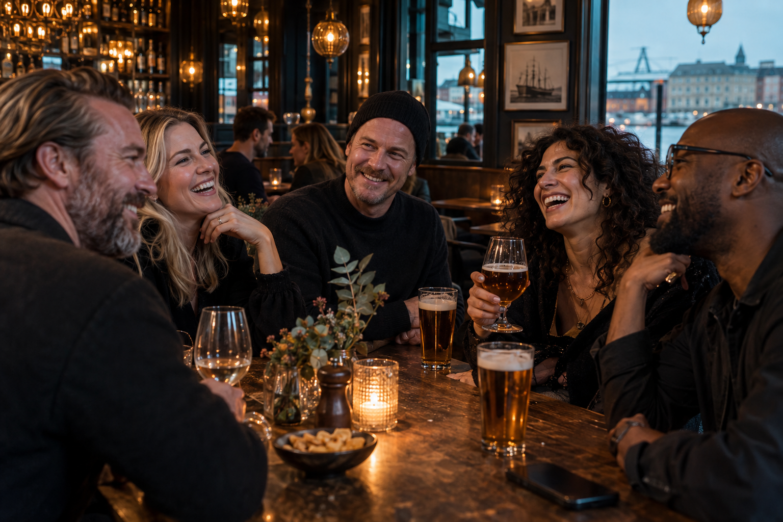 Vänner skrattar tillsammans i en varm, stämningsfull pub
